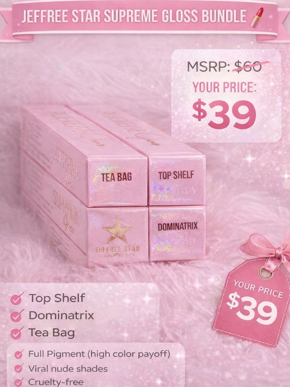 Jeffree Star Pink and Gold Gloss Trio - Tea Bag, Top Shelf, Dominatrix  3 pk